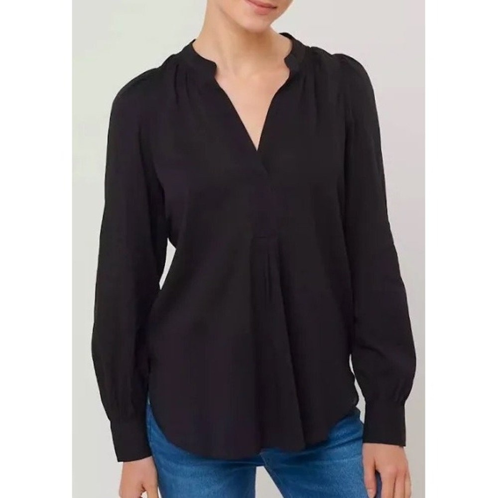 Loft‎ Womens Black Long Sleeve Split Neck Pleated Blouse Top NWT | Large